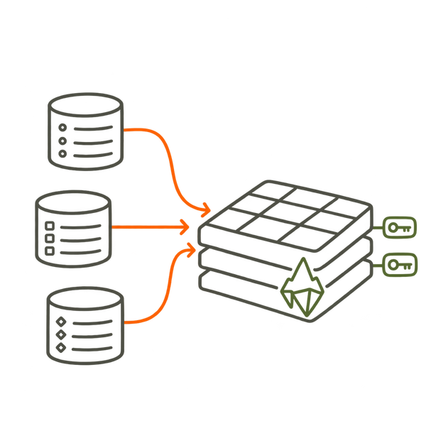 Separate source databases feed shared tables while owners retain control over access.